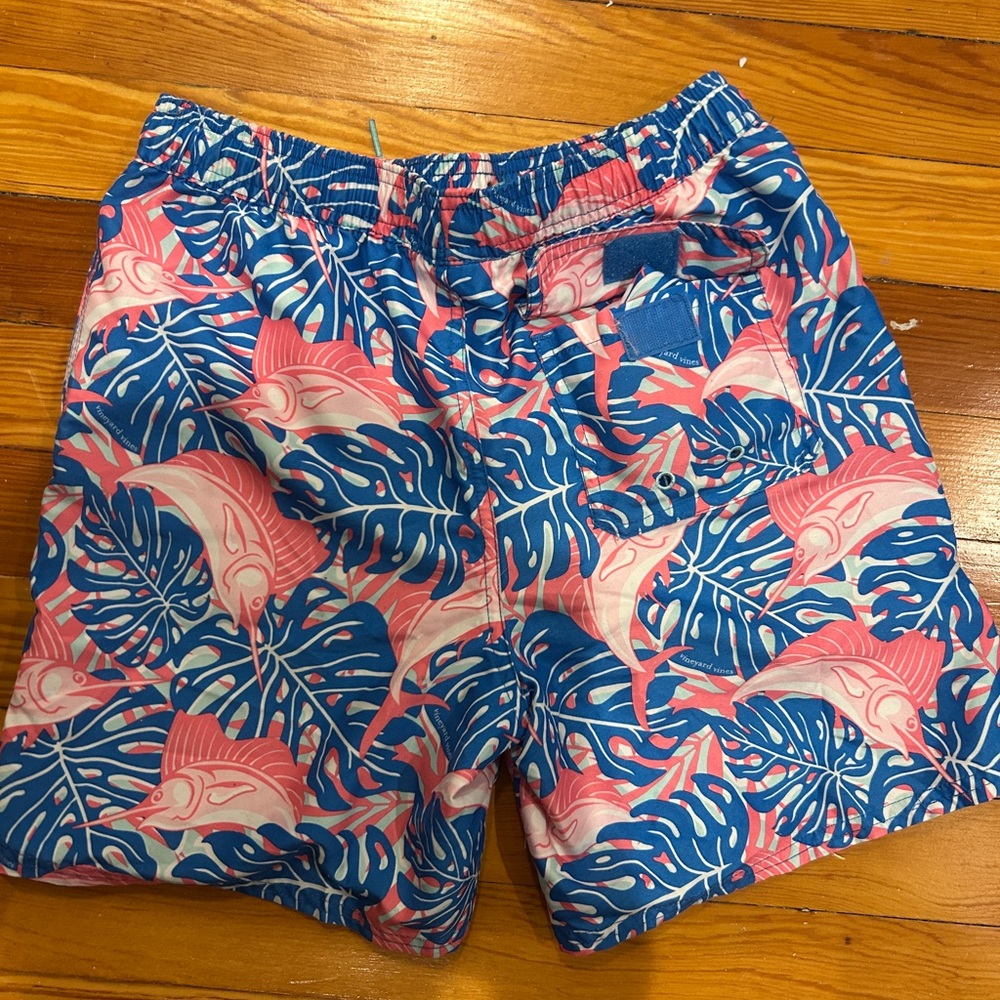 Vineyard Vines Coral and Blue Patterned Swim trunks